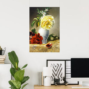 Poster Arte de Vaso Floral Rosa Amarela Vintage com Pensé