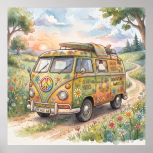 Poster Arte de Viagem de Camper Van em Aquarela Vintage