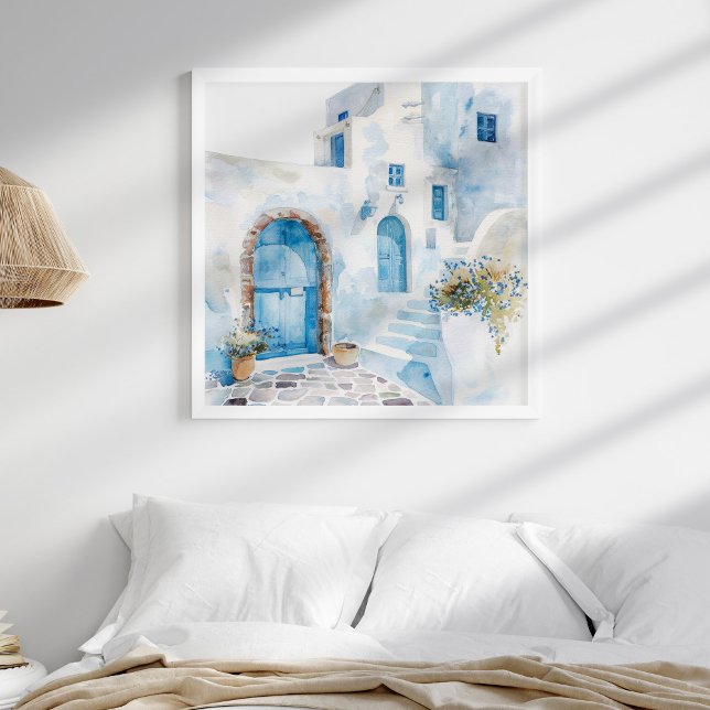 Poster Arte de Viagem de Parede Costeira do Mediterrâneo  (Watercolor Mediterranean Coastal Travel Wall Art in a neutral coastal boho bedroom in white frame.)