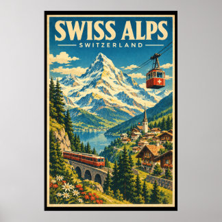 Poster Arte de Viagem dos Alpes Suíços Vintage Suíça Mont