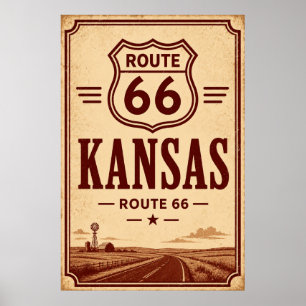 Poster Arte de Viagem pela Rota 66 Vintage no Kansas