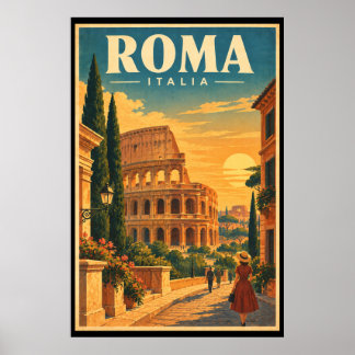 Poster Arte de Viagem Roma Itália Antiga Coliseu Pôr do S