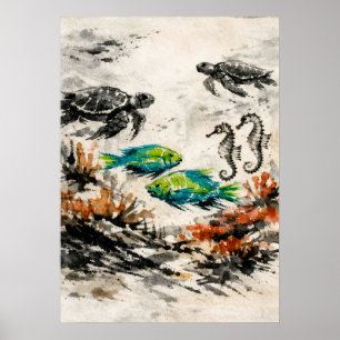 Poster Arte de Vida Marinha Aquarela do Recife de Tartaru
