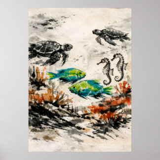 Poster Arte de Vida Marinha Aquarela do Recife de Tartaru