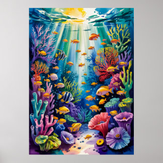 Poster Arte de Vida Marinha em Aquarela de Recife de Cora