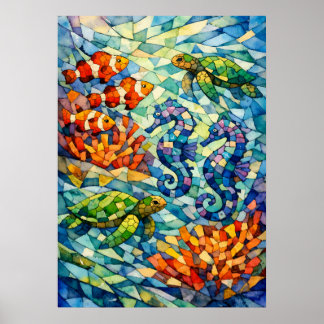 Poster Arte de Vida Marinha em Aquarela de Recife Mosaico