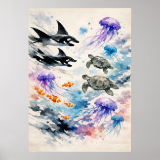 Poster Arte de Vida Marinha em Aquarela Harmonia Oceânica