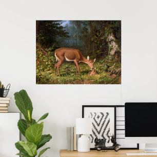 Poster Arte de Vida Selvagem de uma Corça e um Filhote de