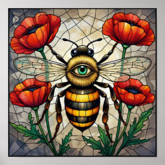 Poster Arte de Vidro Colorido Abelha Flor de Papoula Verm