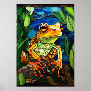 Poster Arte de Vidro Colorido de Sapo na Floresta Tropica