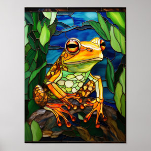 Poster Arte de Vidro Colorido de Sapo na Floresta Tropica