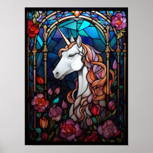 Poster Arte de Vidro Colorido de Unicórnio com Rosas Mági