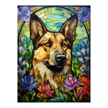 Arte de Vidro Colorido Floral de Pastor Alemão em 