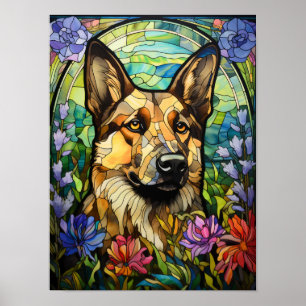 Poster Arte de Vidro Colorido Floral de Pastor Alemão em