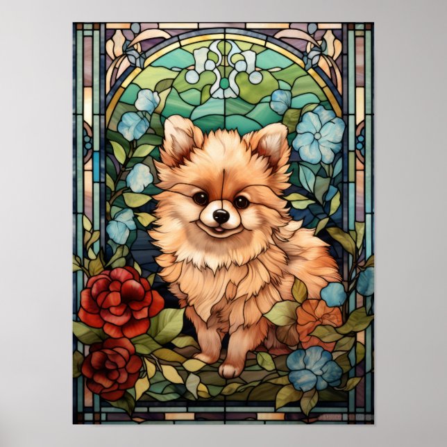 Poster Arte de Vidro Pintado Floral com Filhote de Pomerâ (Frente)
