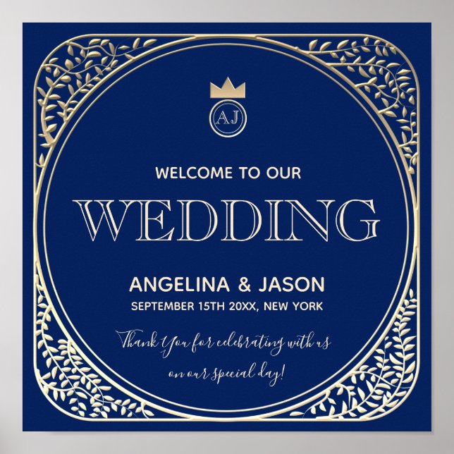 Poster Arte Deco Azul Bem-Vindo Casamento (Frente)