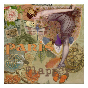 Pôster Arte Deco Colagem de Pavão Flapper Paris Antigo
