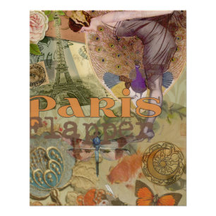 Pôster Arte Deco Colagem de Pavão Flapper Paris Antigo