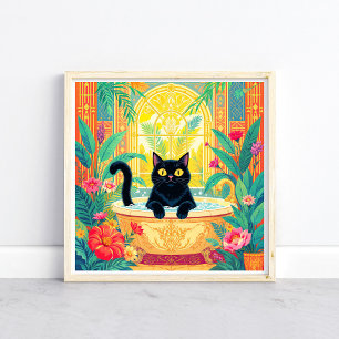 Poster Arte Deco Colorida Gato Preto na Banheira