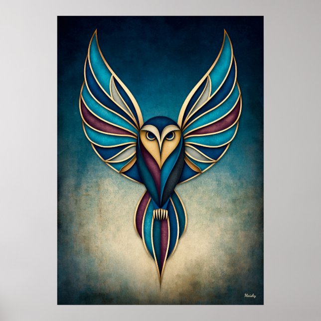Poster Arte Deco Coruja Arte Geométrica Abstrata de Pássa (Frente)