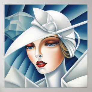 Poster Arte Deco Cubismo Olhos Azuis Retrato da Mulher
