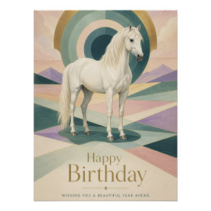Pôster Arte Deco de Aniversário Cavalo Branco Geométrico