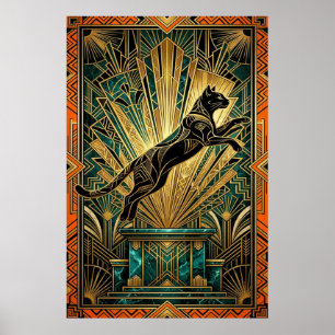 Poster Arte Deco de Lince Dourado Saltando na Parede