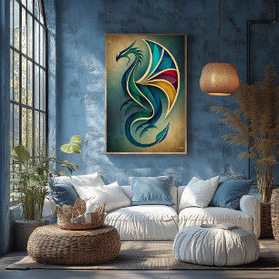Poster Arte Deco Dragão Abstrato Geométrico Parede Fantas