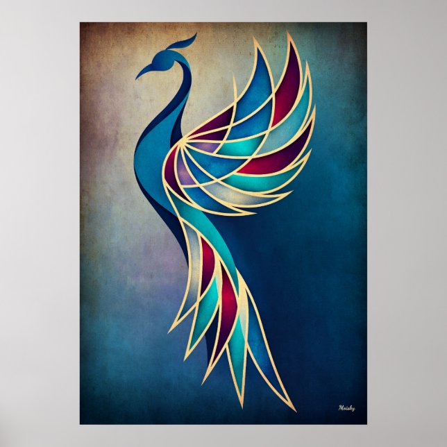 Poster Arte Deco Fênix Arte Abstrata Geométrica de Pássar (Frente)