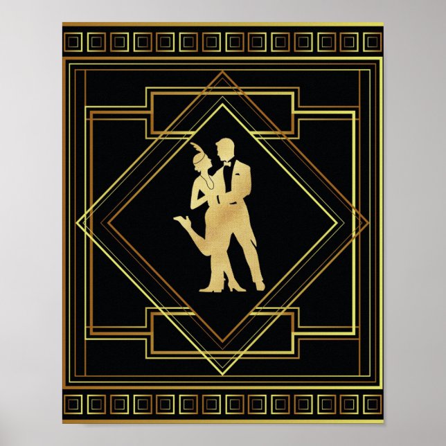 Poster Arte Deco Flapper geométrico preto e dourado 20s (Frente)