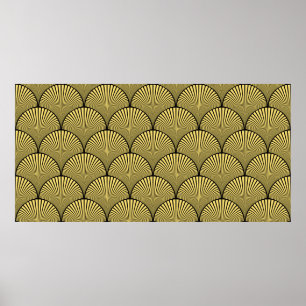 Poster Arte deco floral japonês preto e dourado contínuo