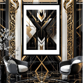 Poster Arte Deco Geométrica Moderna dourado preto branco
