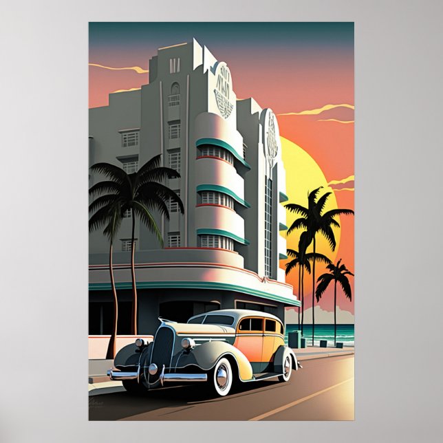 Poster Arte Deco Miami Beach Ocean Drive pôr do sol em 19 (Frente)