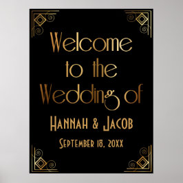 Poster Arte Deco Ouro Preto Bem-vindo ao Casamento de Sin