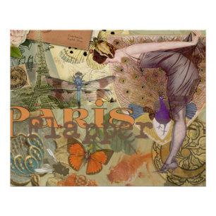 Pôster Arte Deco Pavão Colagem Flapper Paris Vintage
