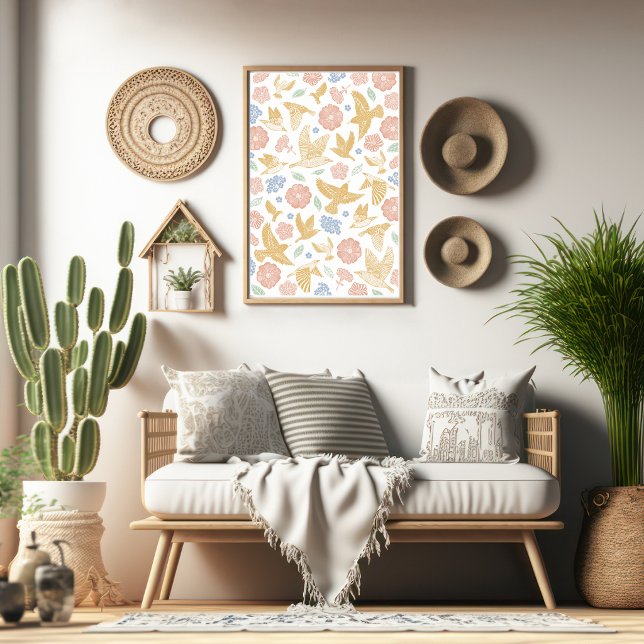 Poster Arte Desenhada à Mão com Pássaros e Florais (Criador carregado)