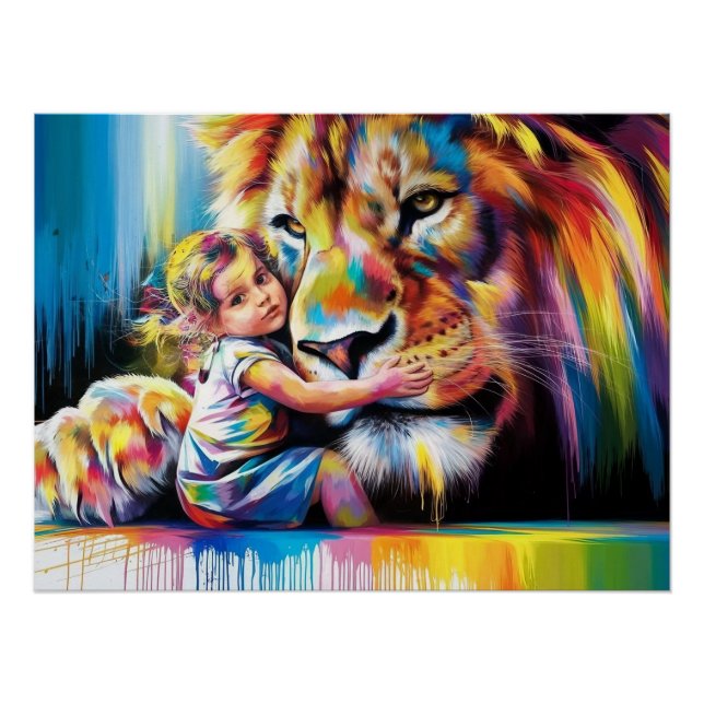 Pôster Arte Digital Brilhante e Colorida Lion Hug - Vibra (Frente)