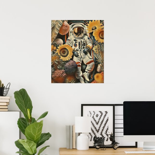 Poster Arte Digital da Cama de Flores do Astronauta (Escritório em casa)