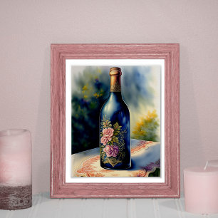 Poster Arte Digital de Garrafa de Vinho com Flores em Est