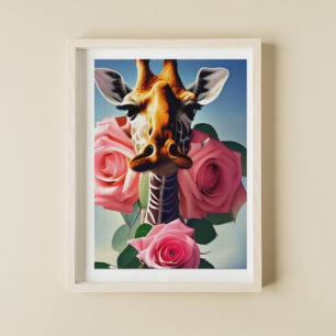 Poster Arte Digital de Girafa Engraçada e Rosas
