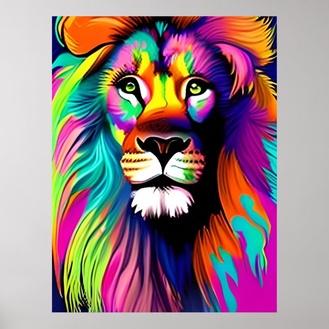 Poster Arte Digital de Leão Colorido (Frente)