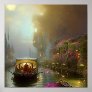 Poster Arte Digital do Canal de Barcos com Flor Cênico