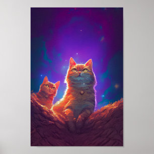 Poster Arte Digital para Amantes de Gato, Starry Night Ca