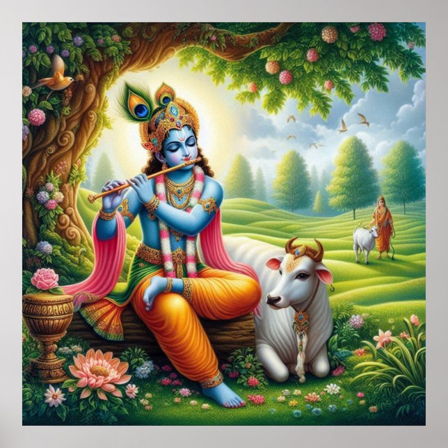 Poster Arte Divina da Flauta Azul de Krishna (Frente)
