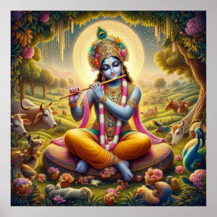 Poster Arte Divina Flauta Dourada Krishna