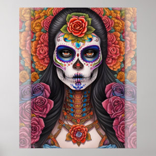 Poster Arte do Crânio com Rapariga na Maquiagem do Crânio