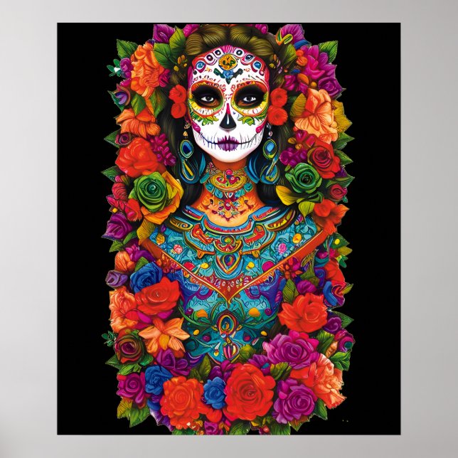 Poster Arte do Crânio do Açúcar - Linda Mulher nas Flores (Frente)