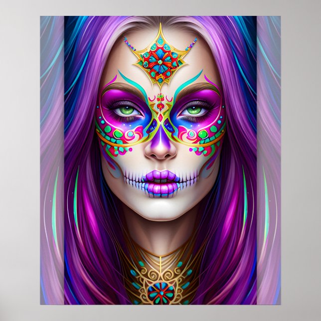 Poster Arte do Crânio do Açúcar - Mulher em Makeup (Frente)