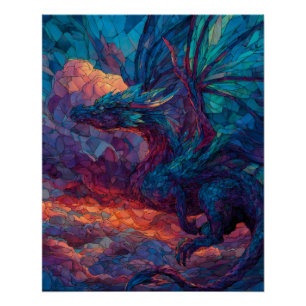 Pôster Arte do Dragão do Céu Azul Esverdeado Carmesim Mís