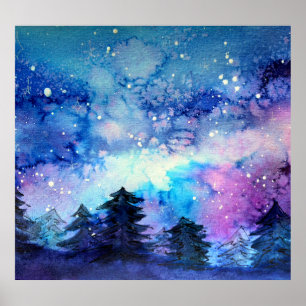 Poster Arte do Espaço de Aquarela: Árvores do Céu Noturno